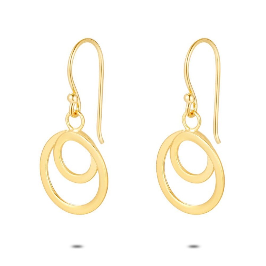 Women Twice As Nice | 18Ct Gold Plated Silver Earrings, 2 Circles On A Hook, 1,4 Cm