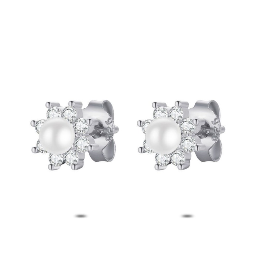 Women Twice As Nice | Silver Earrings, Flower, Zirconia, 1 Pearl