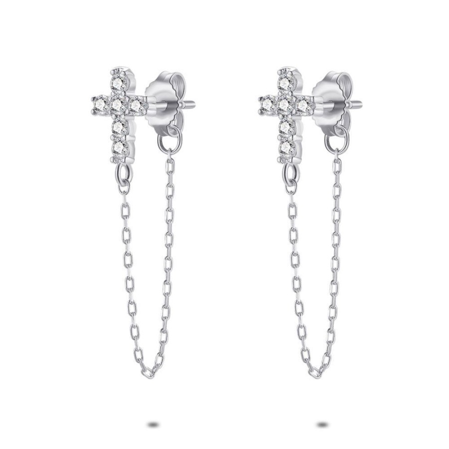 Women Twice As Nice | Silver Earrings, Zirconia Cross, Double Chain