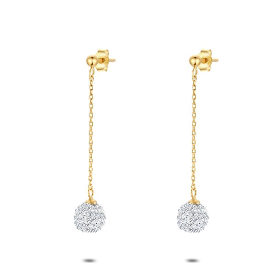 Women Twice As Nice | 18Ct Gold Plated Silver Earrings, Ball With Crystals, On Chain