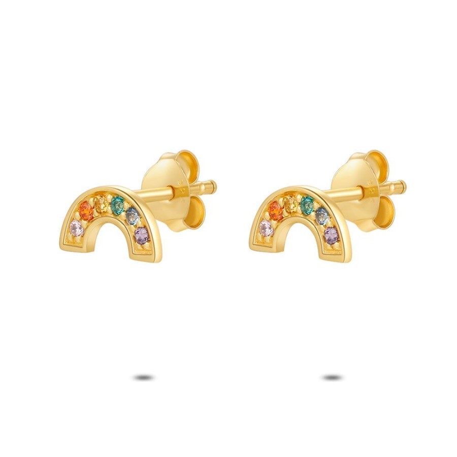 Women Twice As Nice | 18Ct Gold Plated Silver Earrings, Rainbow, Muliti-Colored Zirconia