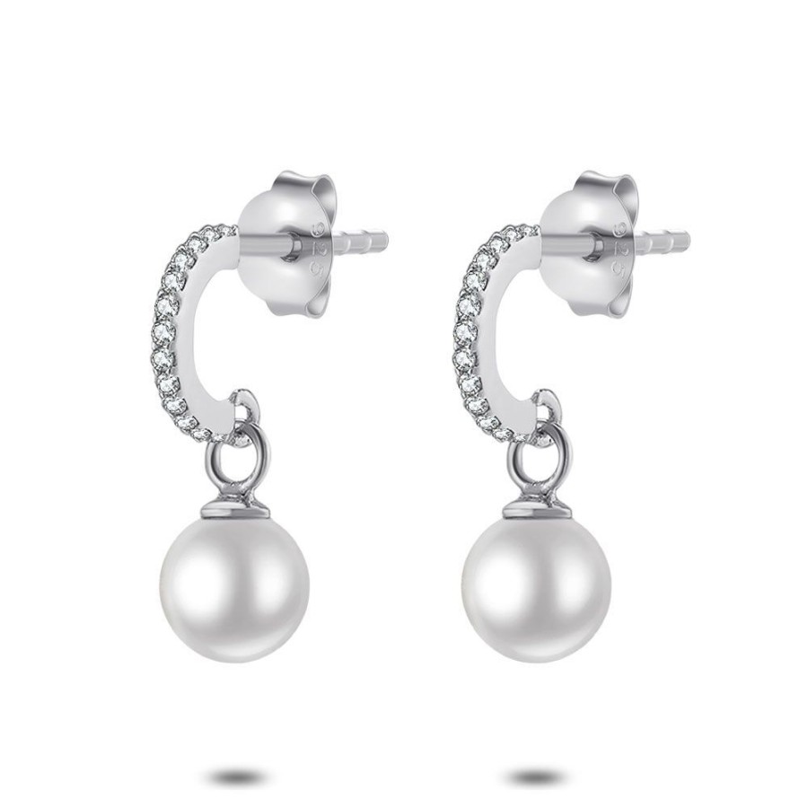 Women Twice As Nice | Silver Earrings, Half Hoop With White Zirconia + Pearl