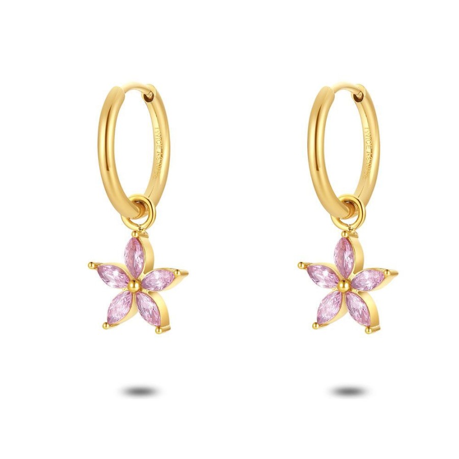 Women Twice As Nice | Earring Per Piece In Gold-Coloured Stainless Steel, Hoop With Flower And 5 Pink Zirconia