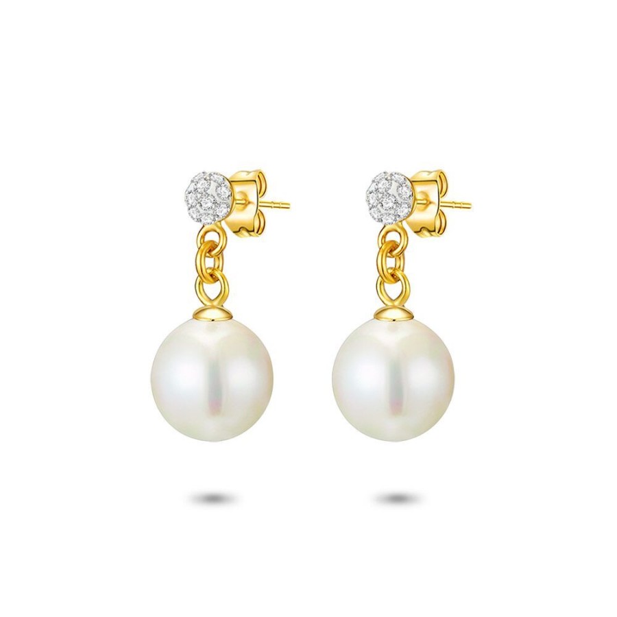 Women Twice As Nice | 18Ct Gold Plated Silver Earrings, 10Mm Pearl With White Crystals