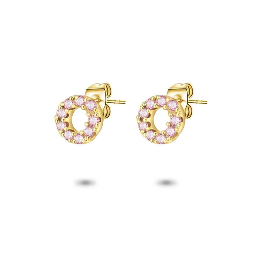 Women Twice As Nice | 18Ct Gold Plated Silver Earrings, Circle With Pink Zirconia