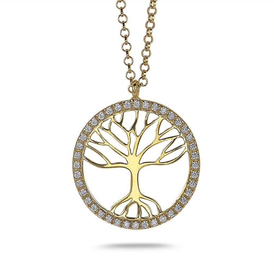 Women Twice As Nice | 18Ct Gold Plated Silver Necklace, Tree Of Life In Zirconia