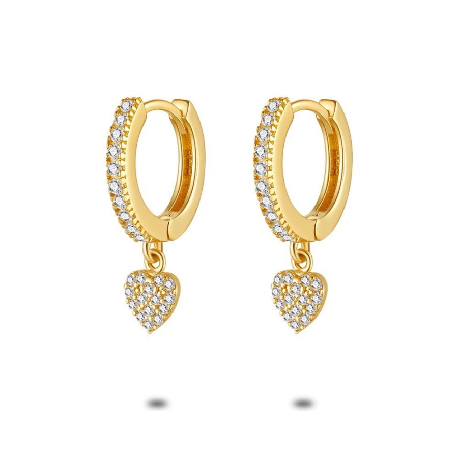 Women Twice As Nice | 18Ct Gold Plated Silver Earrings, Hoop Earrings With Zirconia, Heart With Zirconia