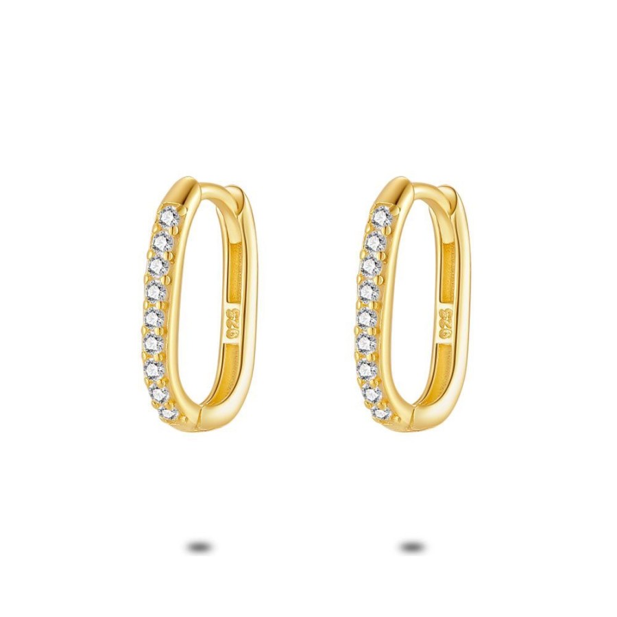 Women Twice As Nice | 18Ct Gold Plated Silver Oval-Shaped Earrings, Zirconia, 10 Mm