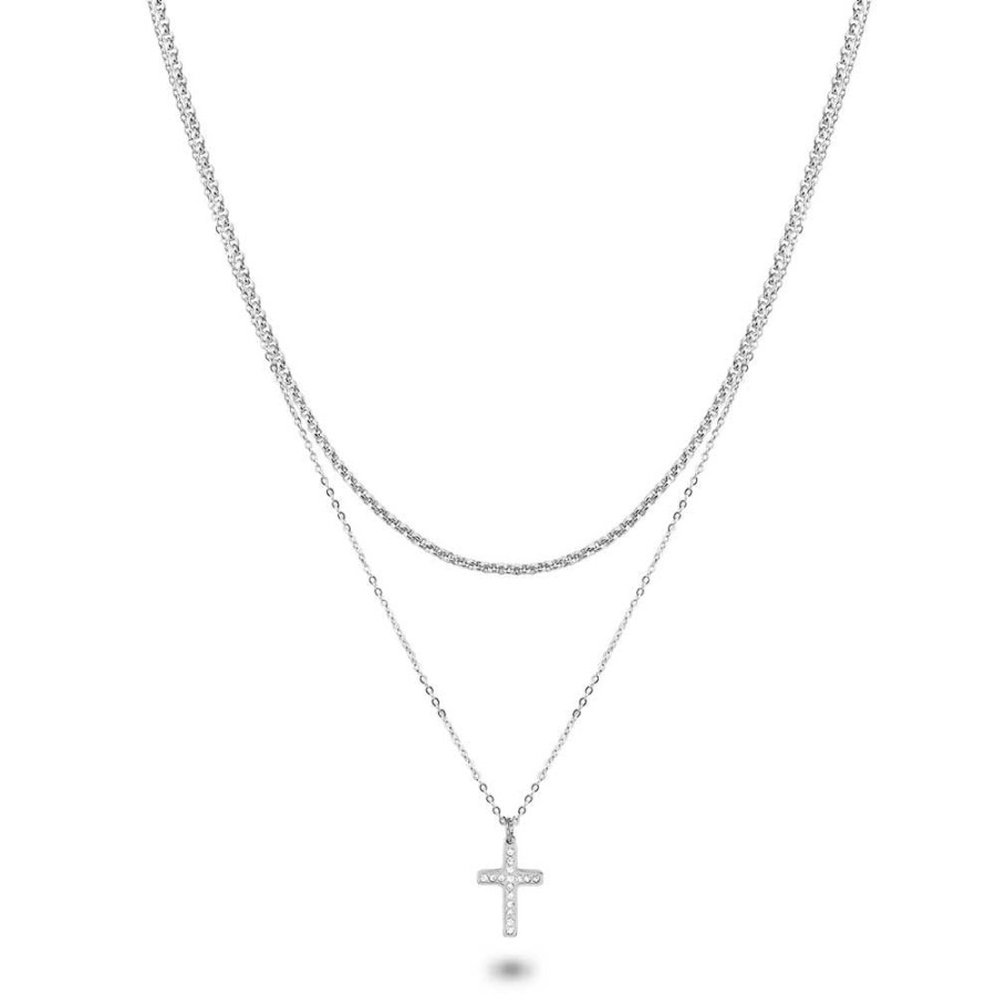 Women Twice As Nice | Stainless Steel Necklace, Cross On 2 Different Chains