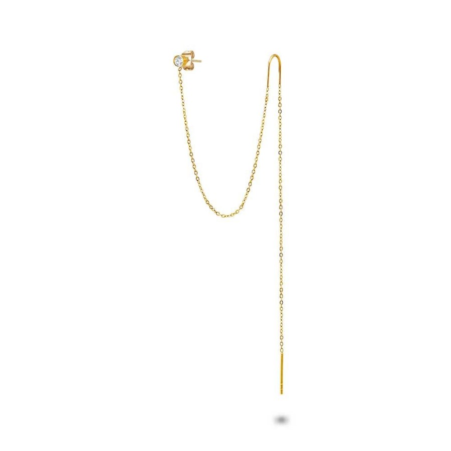 Women Twice As Nice | Gold Coloured Stainless Steel Earrings, 1 Crystal On Chain