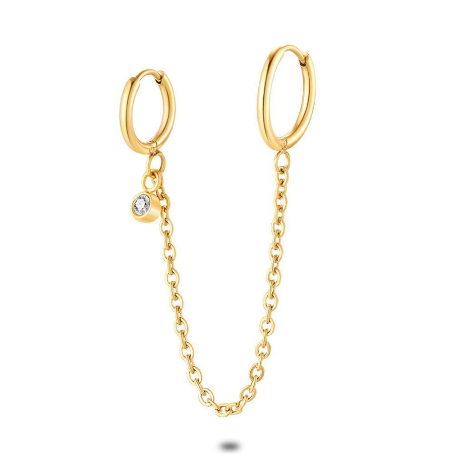 Women Twice As Nice | Earring Per Piece In Gold-Coloured Stainless Steel, 2 Hoops, Chain, Crystal