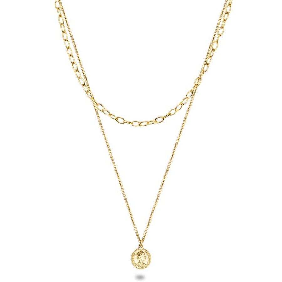 Women Twice As Nice | Gold Coloured Stainless Steel Necklace, Coin On 2 Different Chains