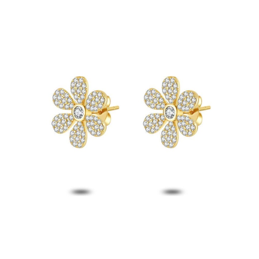 Women Twice As Nice | 18Ct Gold Plated Silver Earrings, Flower In Zirconia