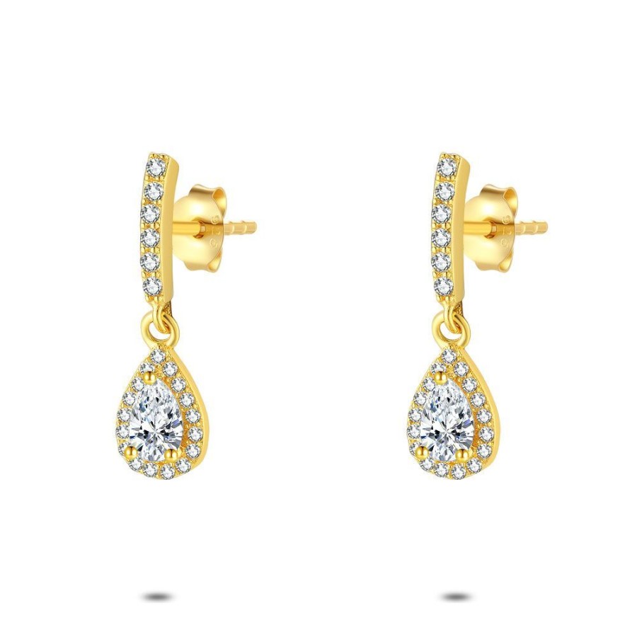 Women Twice As Nice | 18Ct Gold Plated Silver Earrings, Bar With White Zirconia, Drop With 1 Zirconia