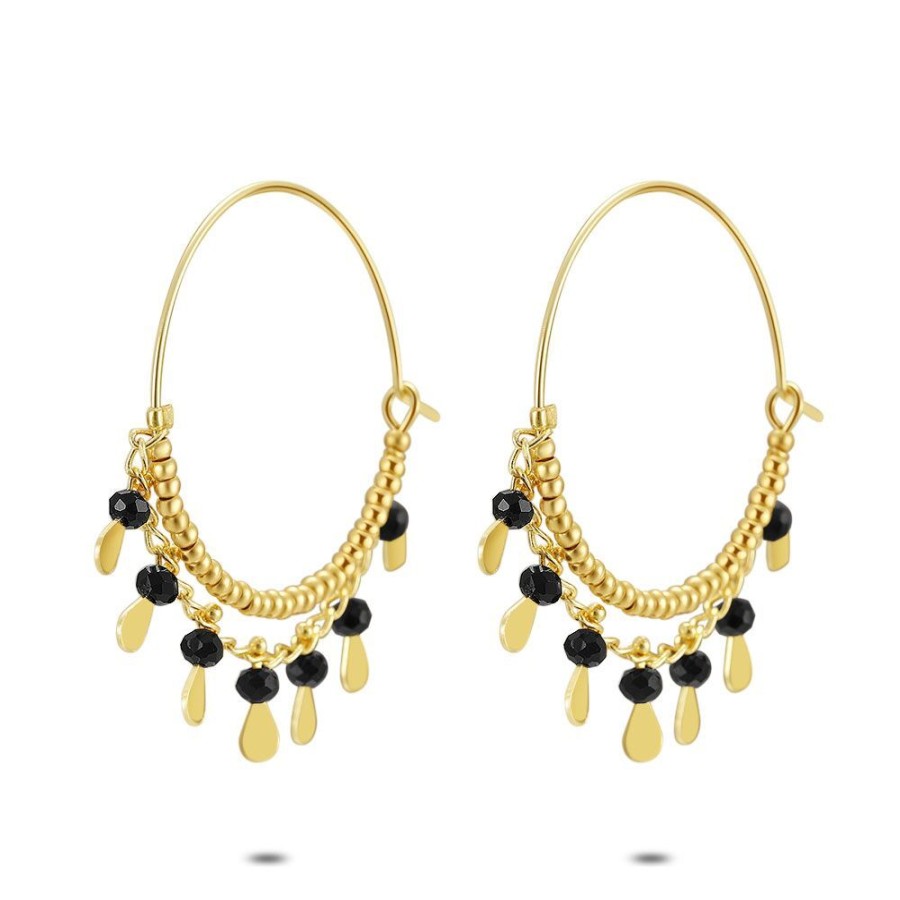 Women Twice As Nice | High Fashion Earrings, Hoops, Gold-Coloured, Black Stones