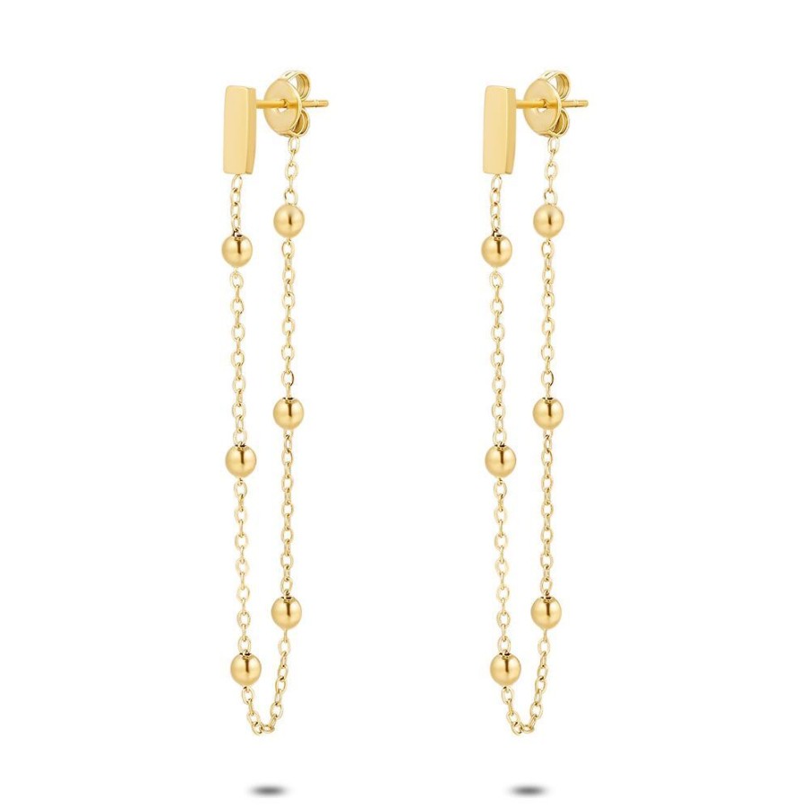 Women Twice As Nice | Gold Coloured Stainless Steel Earrings, Balls On Chain