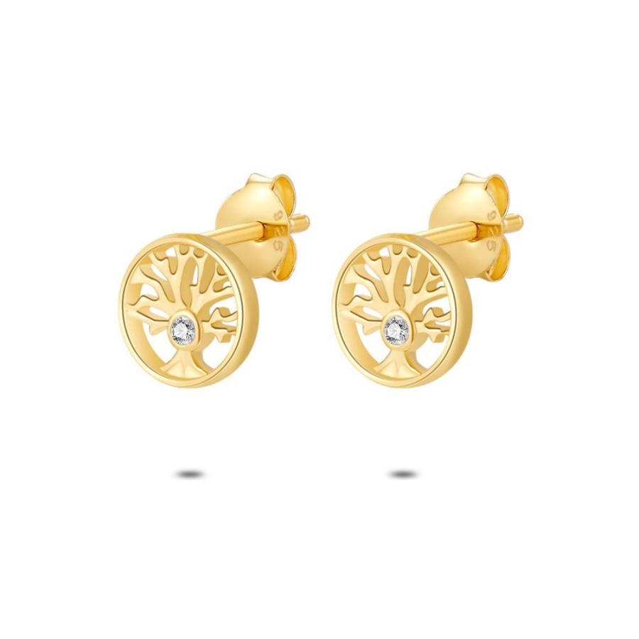 Women Twice As Nice | 18Ct Gold Plated Silver Earrings, Gold-Coloured, Tree Of Life With Zirconia