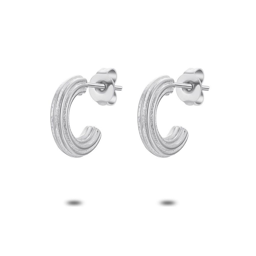 Women Twice As Nice | Stainless Steel Earrings, Open Hoop Striped, Shiny And Matte