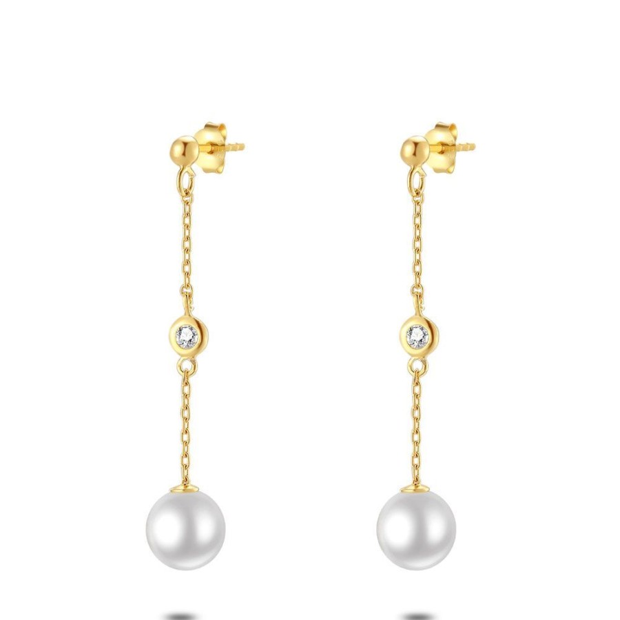 Women Twice As Nice | 18Ct Gold Plated Silver Earrings, Pearl On Chain, 1 Zirconia