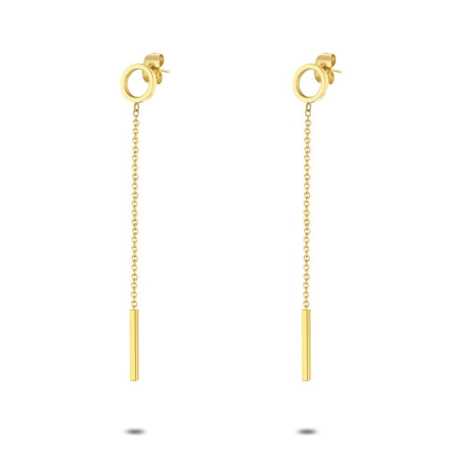 Women Twice As Nice | Gold Coloured Stainless Steel Earrings, Circle And Bar On Chain