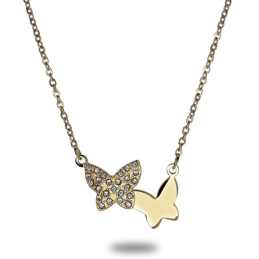 Women Twice As Nice | Gold-Coloured Stainless Steel Necklace, 2 Butterflies, Crystals