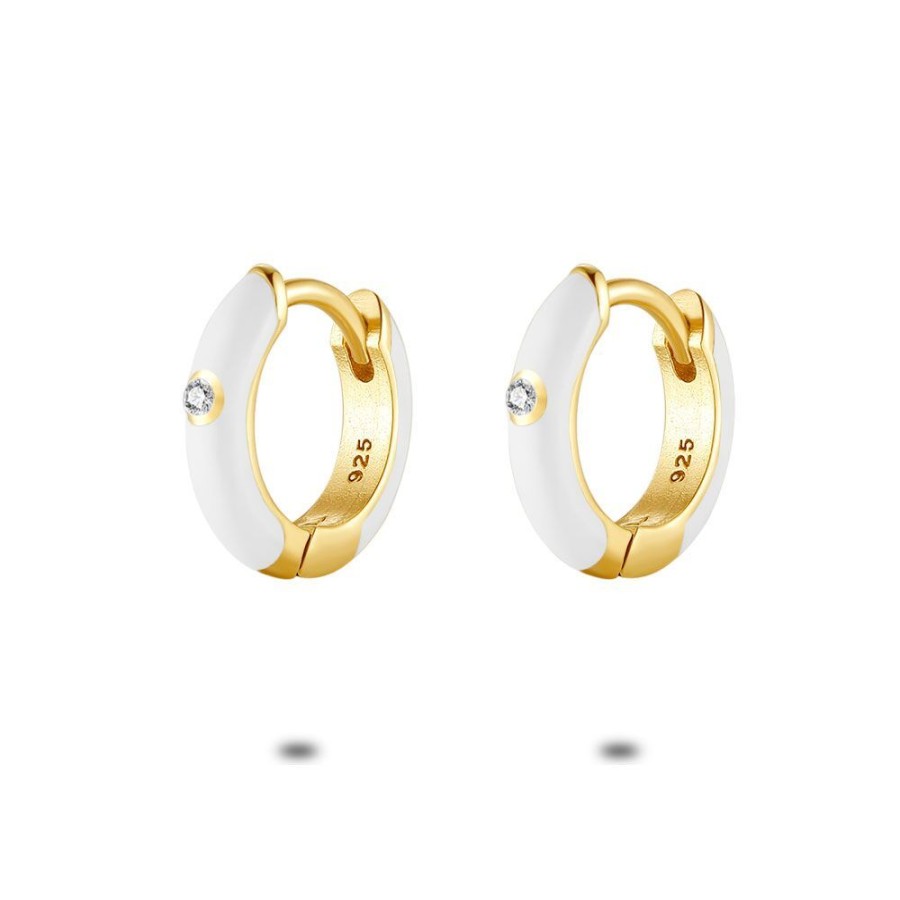 Women Twice As Nice | 18Ct Gold Plated Silver Earrings, Hoop Earring, White Enamel, Zirconia