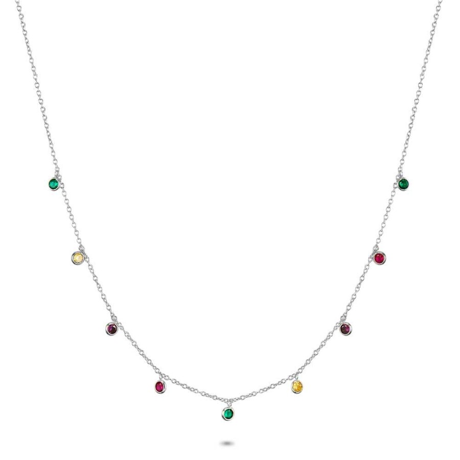 Women Twice As Nice | Silver Necklace, 9 Hanging Multicoloured Zirconia, Round