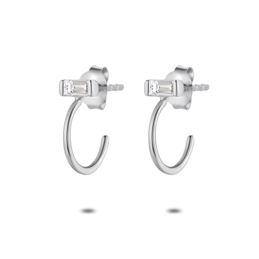 Women Twice As Nice | Silver Earrings, Open Hoops, Rectangular Zirconia