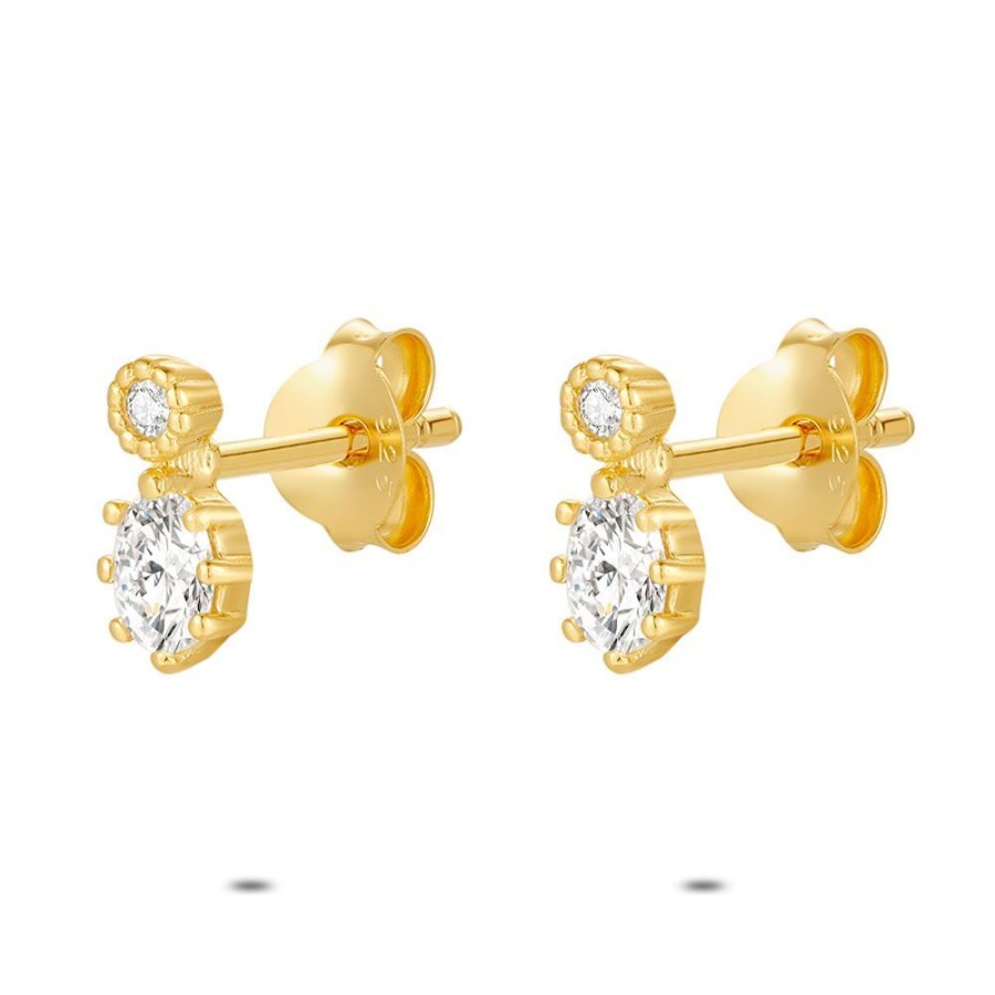 Women Twice As Nice | 18Ct Gold Plated Silver Earrings, Zirconia, 1 Round, 1 Oval