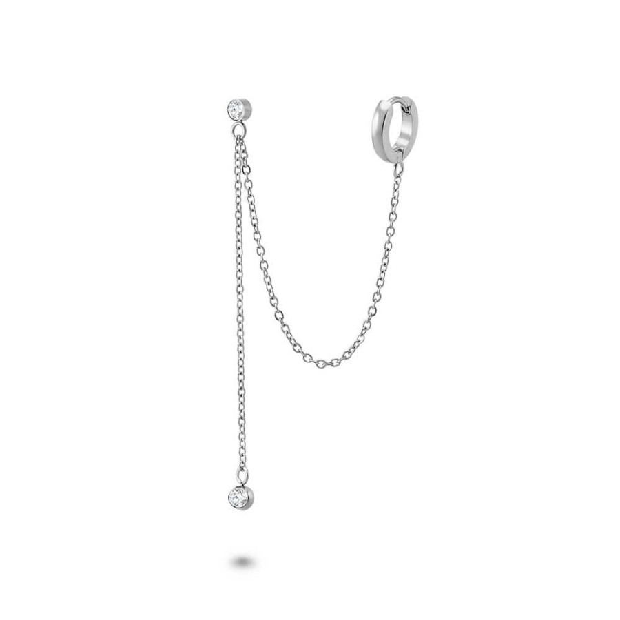 Women Twice As Nice | Stainless Steel Earrings, Hoop, 2 Crystals On Chain