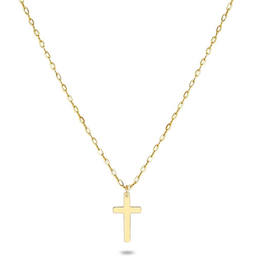 Women Twice As Nice | Gold Coloured Stainless Steel Necklace, Cross, Oval Links