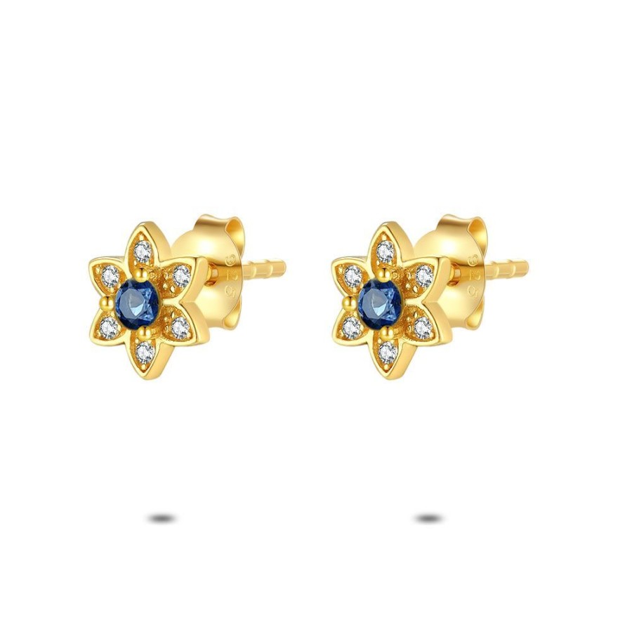 Women Twice As Nice | 18Ct Gold Plated Silver Earrings, Flower, White And Blue Zirconia