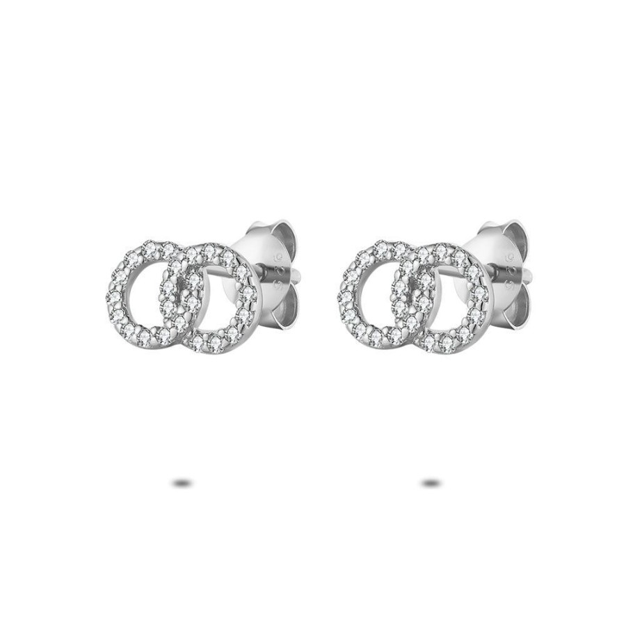 Women Twice As Nice | Silver Earrings, 2 Interlaced Circles With Zirconia