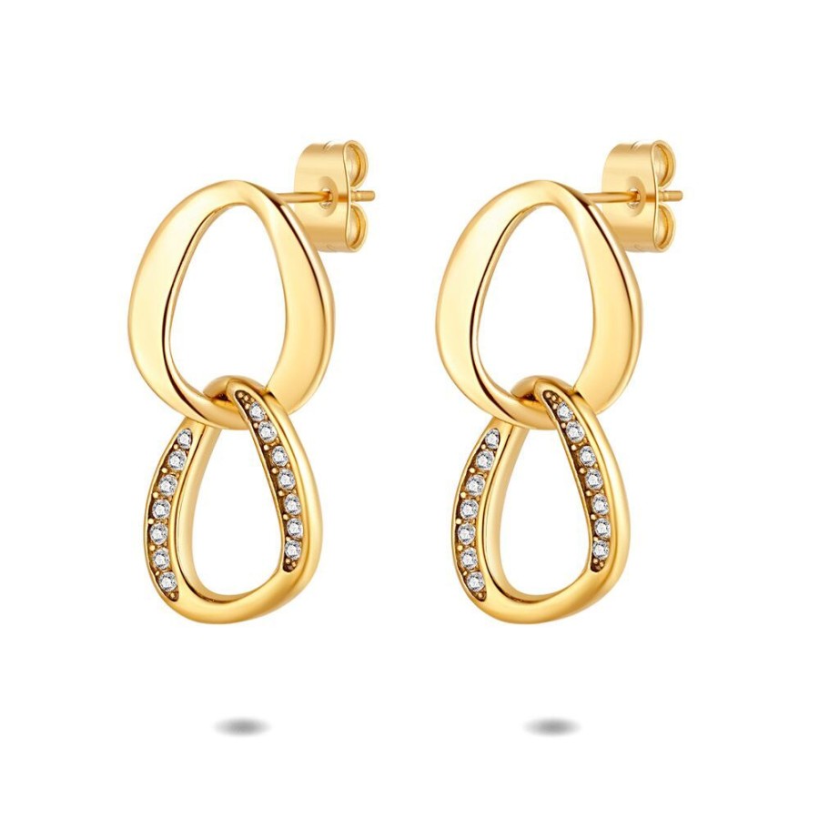 Women Twice As Nice | Gold Coloured Stainless Steel Earrings, 2 Ovals, 1 With Crystals