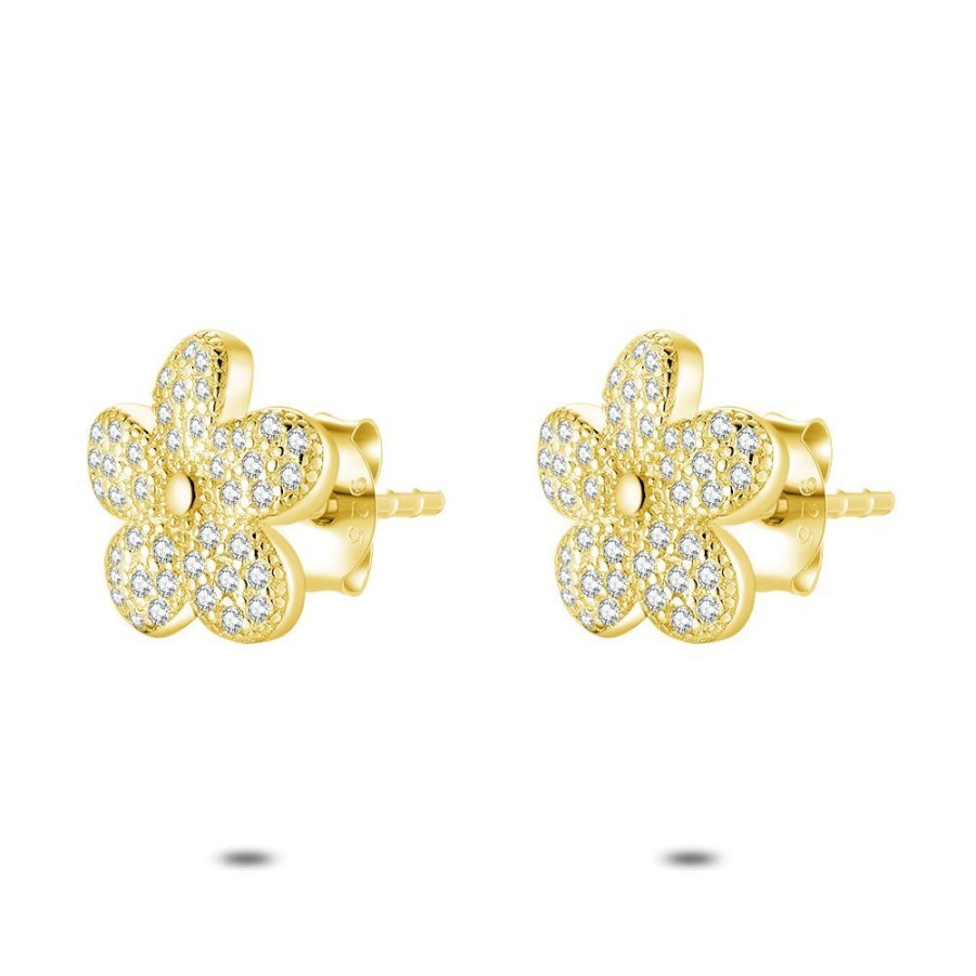 Women Twice As Nice | 18Ct Gold Plated Silver Earrings, Flower, Zirconia