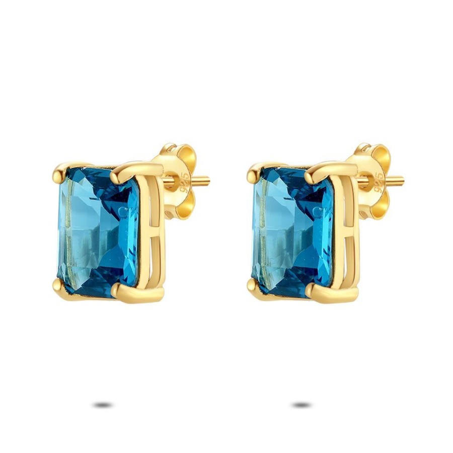 Women Twice As Nice | Earrings In 18Ct Gold Plated Silver, Blue Rectangular Zirconia