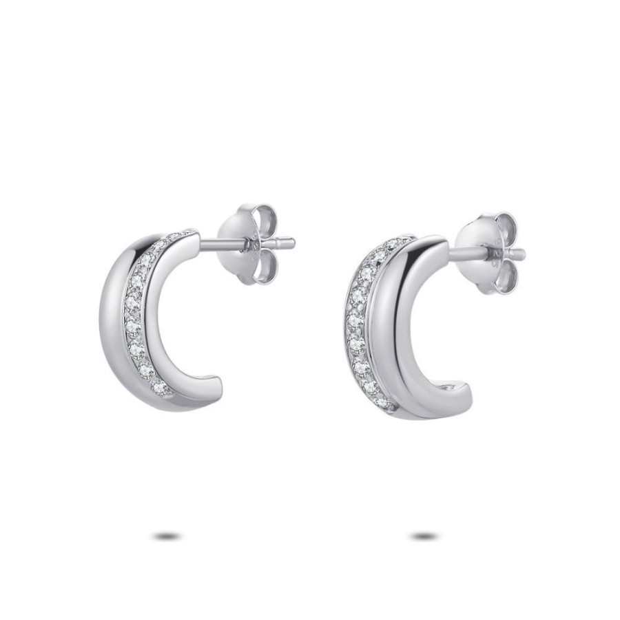 Women Twice As Nice | Silver Earrings, Half Open Hoop, 2 Rows, Half With Zirconia