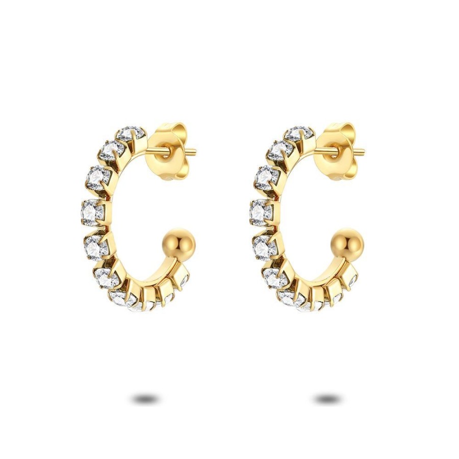 Women Twice As Nice | Gold Coloured Stainless Steel Earrings, Open Hoop, White Crystals