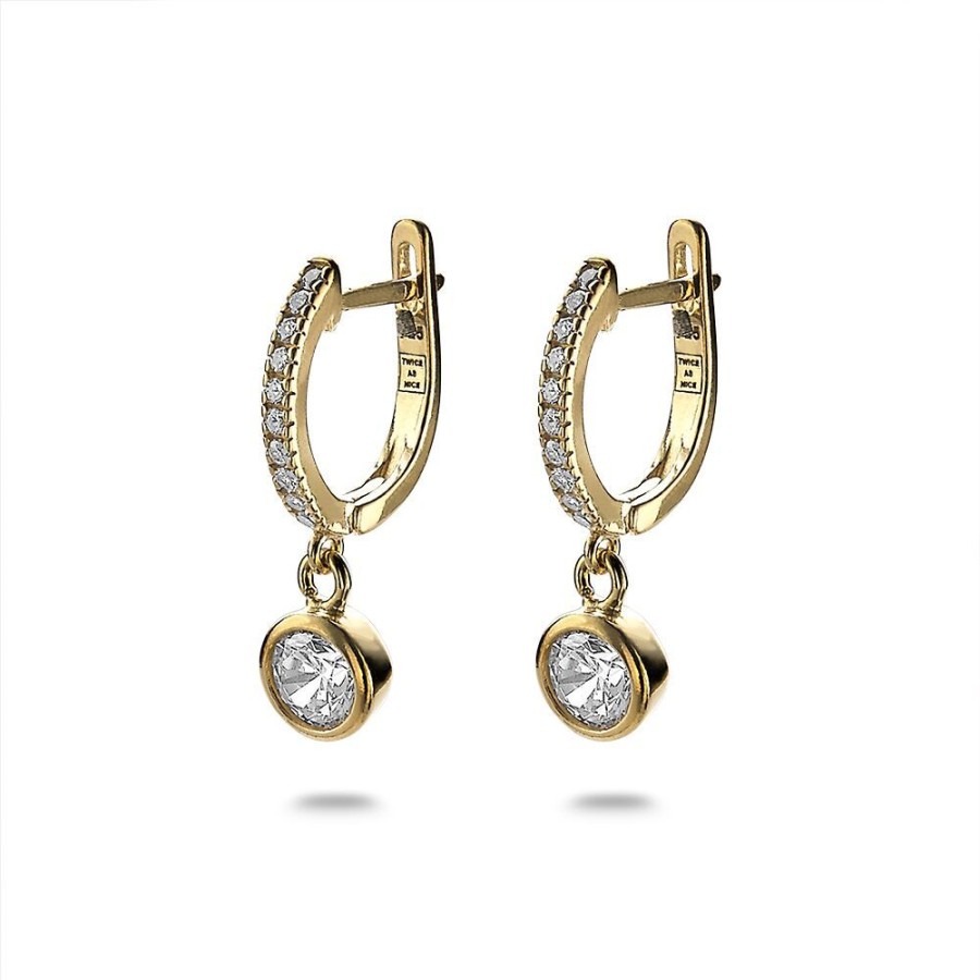 Women Twice As Nice | 18Ct Gold Plated Silver Earrings, Hoop Earring In Zirconia, 6 Mm Zirconia Hanger