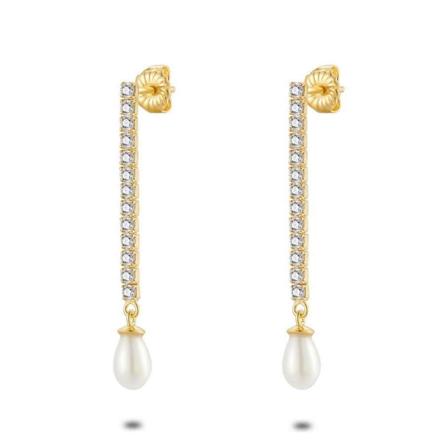 Women Twice As Nice | Hanging 18Ct Gold Plated Silver Earrings, 13 Zirconia, Pearl