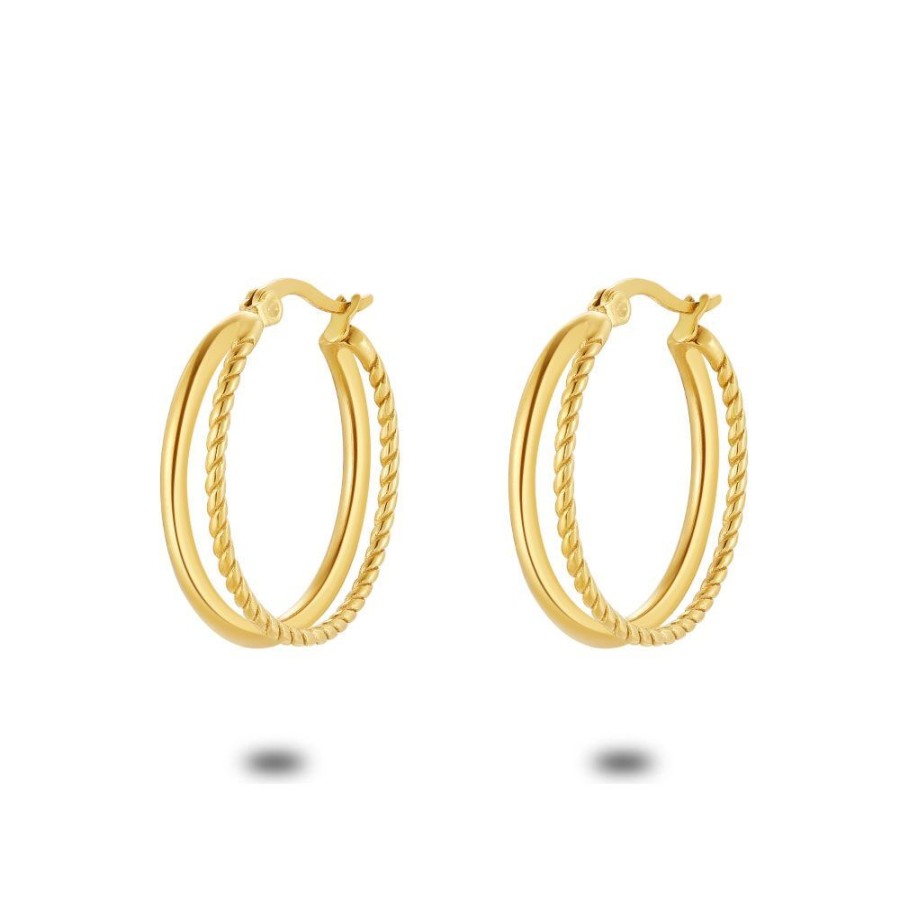 Women Twice As Nice | Gold Coloured Stainless Steel Earrings, Double Earring, 1 Twisted, 1 Plain