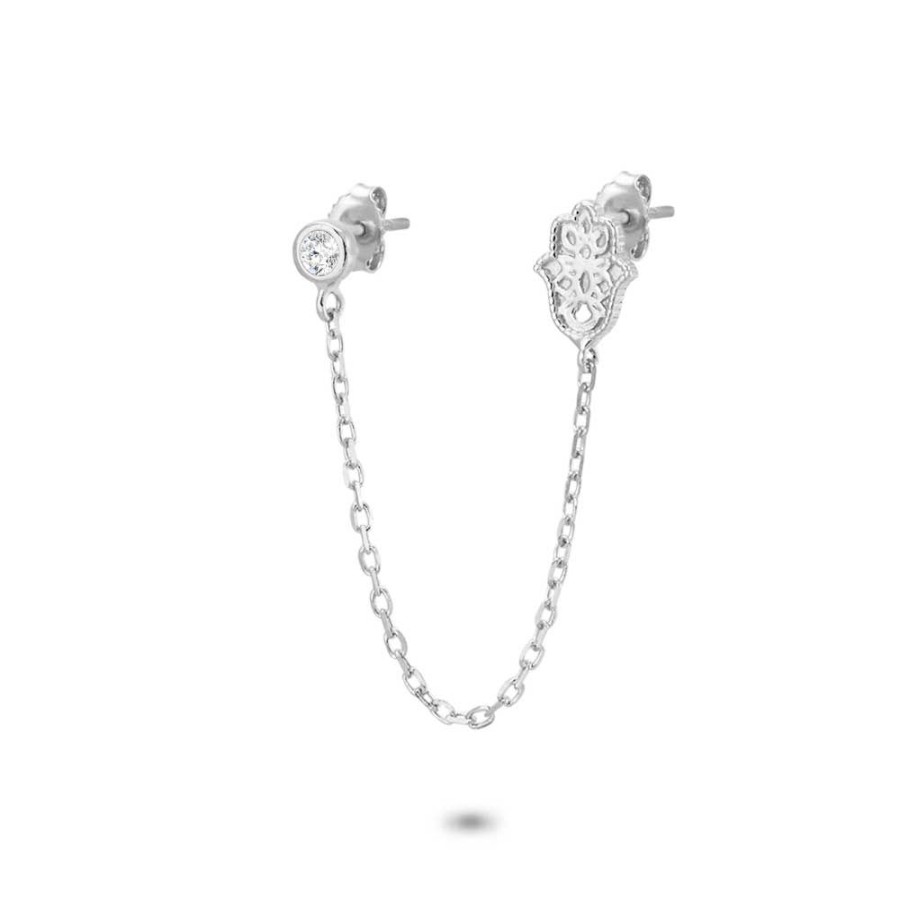 Women Twice As Nice | Silver Earring, Per Piece, Zirconia And Hand On Chain, Earring 2 Holes