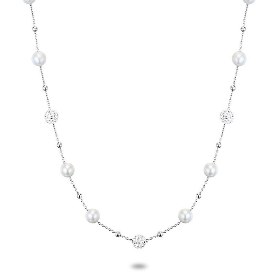 Women Twice As Nice | Silver Necklace, Pearls And Small Rounds With White Crystals, 6Mm