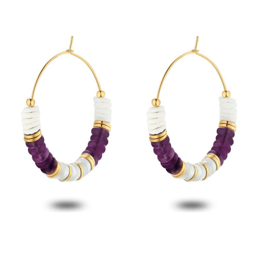 Women Twice As Nice | Gold Coloured Stainless Steel Earrings, Hoops, Amethyst, Mother Of Pearl