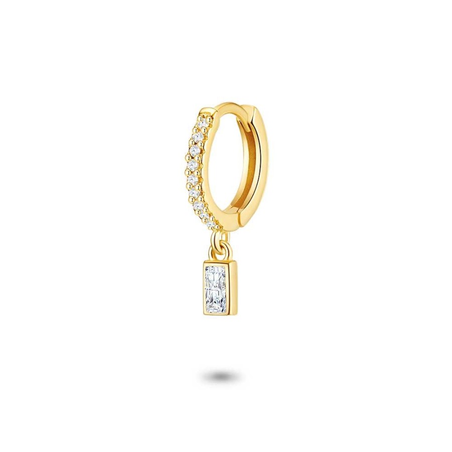 Women Twice As Nice | Earring Per Piece In 18Ct Gold Plated Silver, Hoop, White Zirconia, Hanging White Emerald Cut Zirconia