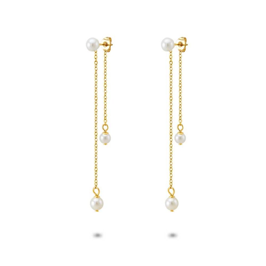 Women Twice As Nice | Gold Coloured Stainless Steel Earrings, Pearls On Double Chain