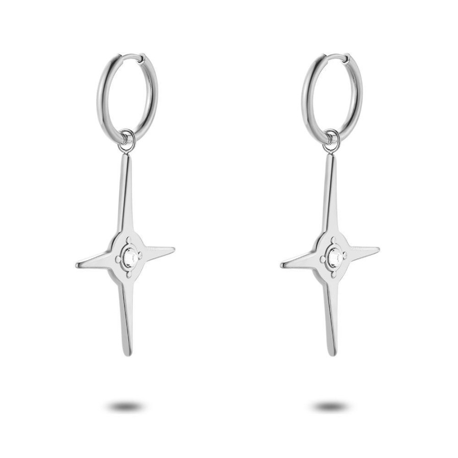 Women Twice As Nice | Stainless Steel Hoop Earrings With Big Star, Crystal