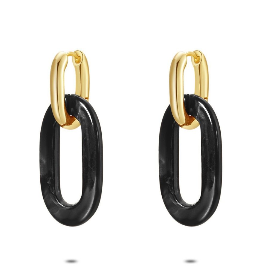 Women Twice As Nice | High Fashion Earrings, Oval Links, Gold-Coloured, Black