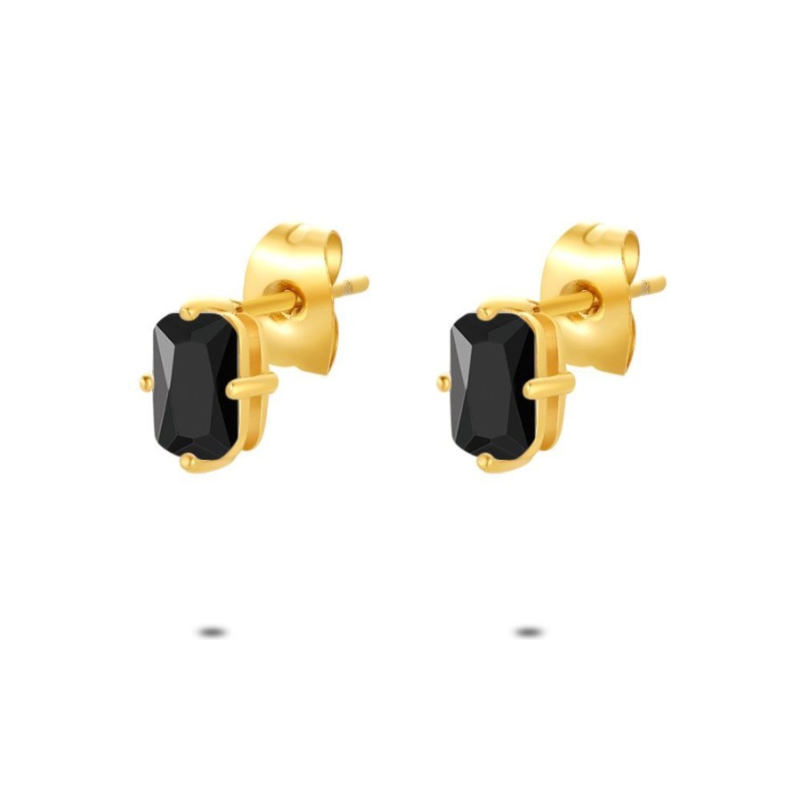 Women Twice As Nice | Gold Coloured Stainless Steel Earrings, Rectangular Black Zirconia