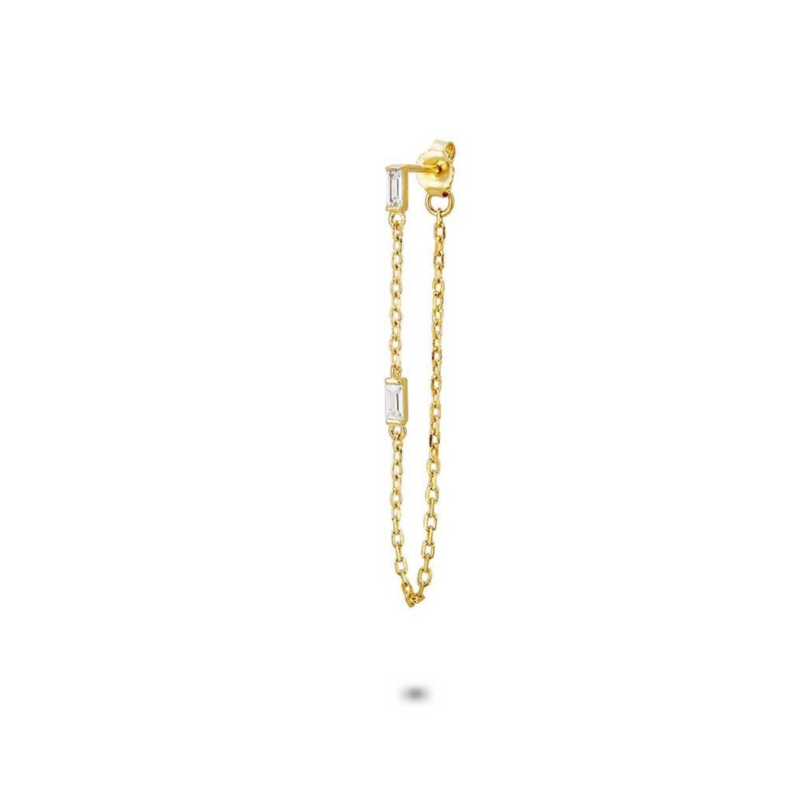 Women Twice As Nice | 18Ct Gold Plated Silver Earring, Per Piece, 2 Emerald Cut Zirconia On Chain